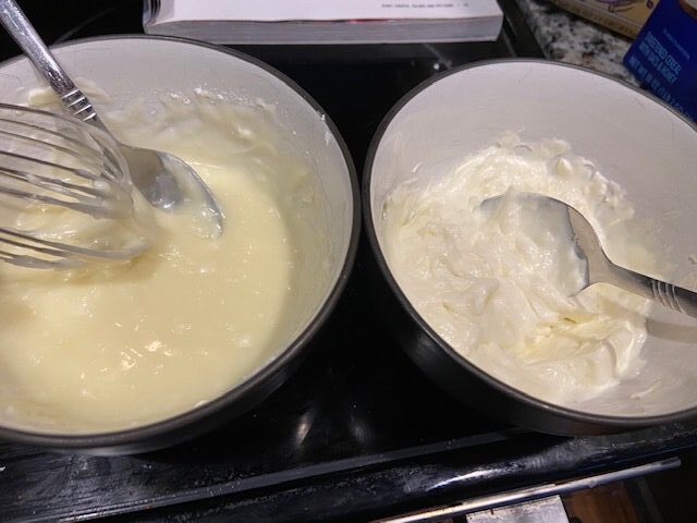 Cream cheese fillings for the oatmeal cookies. On the left is the sweet filling which looks smoother and similar to icing, one the right is the thicker, savory cream cheese with mild white cheddar.